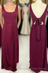 Simple Wine Red Scoop Long Bridesmaid Dress